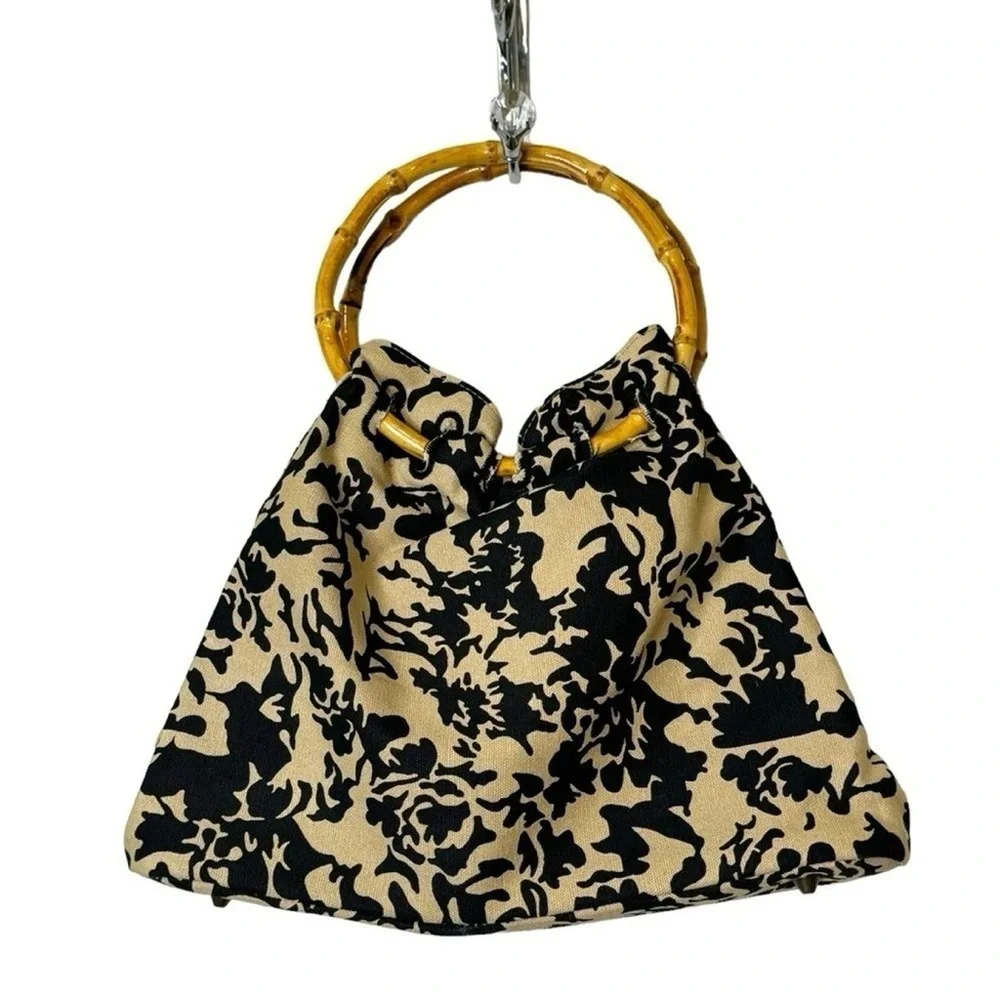 Avon Floral Black and Tan Tote with Bamboo Handles